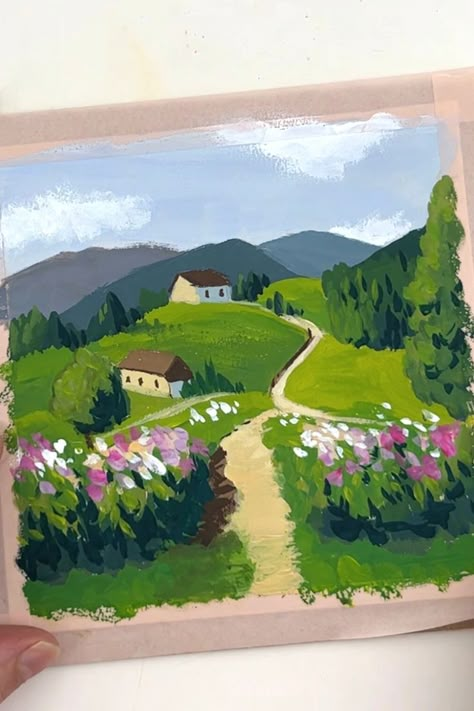 Gouache painting landscape ★ Nice Landscape Painting, Guache Painting Aesthetic, Landscape Art Painting Easy, What To Paint With Gouache, Gouache Acrylic Painting, Gauche Painting Ideas Easy, Easy Postcard Painting, Simple Gouache Landscape, Guache Easy Painting