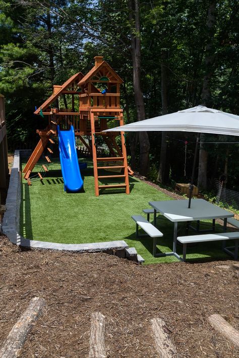 Playground With Turf, Turf Play Area Backyard, Turf Playground Backyard, Turf Play Area, Swingset Landscaping, Infant Playground, Playground Turf, Back Garden Landscaping, Turf Backyard