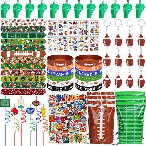 This football themed party favors set contains 12 football silicone bracelets,12 whistles, 12 football keychain, 12 slap bracelet, 12 tattoo stickers, 12 plastic straws, 12 gift bags, 50 football stickers. Children and adults will love these football party supplies! It’s a perfect football party favors gift for kids’ football birthday party decorations. Kids Football Birthday Party, Sports Themed Party Favors, Football Party Favors, Football Keychain, Football Party Decorations, Football Party Supplies, Football Theme Party, Football Birthday Party, Football Stickers