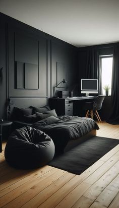 Cozy Dark Room, Black Room Ideas, Bedroom Decor Ideas For Women, Mens Room Decor, Spanish Harlem, Black Bedroom Design, Black Bedroom Decor, Bedroom Redesign, Apartment Living Room Design