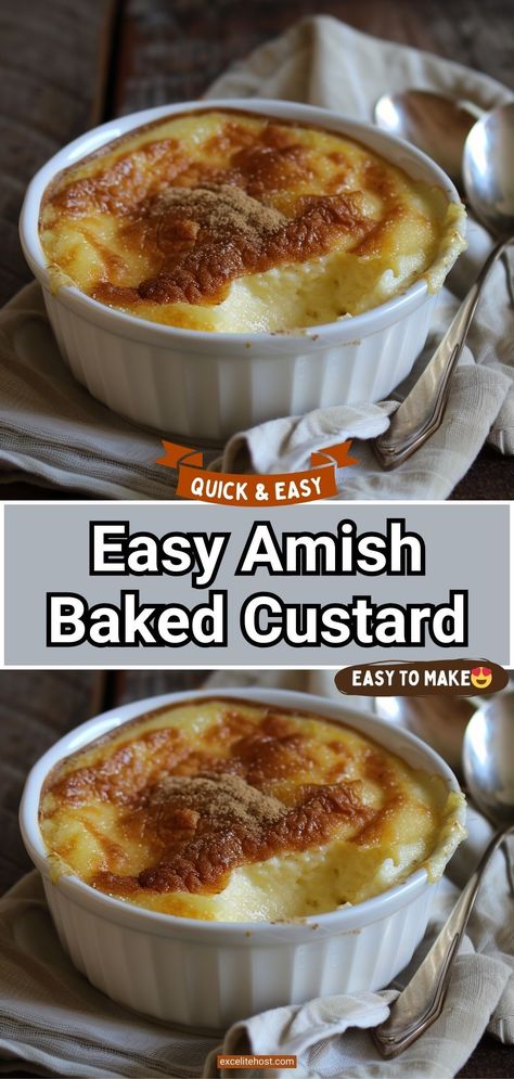 Delight in the simple pleasure of Amish Baked Custard. This old-fashioned dessert is pure comfort, with its creamy, gently spiced custard baked to silky perfection. Served warm or chilled, it's a taste of timeless tradition. Amish Baked Custard, Baked Custard Recipe, Baked Egg Custard, Custard Recipe Easy, Easy Custard, Strawberry Ice Cream Recipe, Custard Recipe, Baked Custard, Homemade Custard