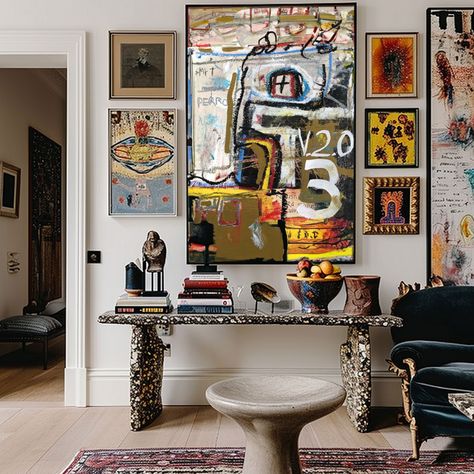 Diego Tirigall's work takes center stage in this space With a mix of street art, neo-expressionism, and more in the paintings Crafting an atmosphere that's both eclectic and maximalist Filled with vibrant life This is a real mix of different art forms Capturing the essence of true art collecting Diego Tirigall, Modern Maximalist Decor, Art Retreat, Music Room Design, Modern Maximalist, Collect Art, Beautiful Bathtubs, Amsterdam Houses, Original Modern Art