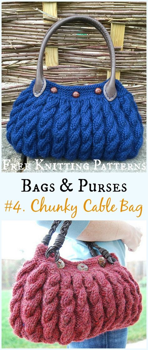 Chunky Cable Bag  Free Knitting Pattern - #Bags & Purses Free #Knitting Patterns Knit Handbags Pattern, How To Knit Bag, Knitting Project Bag Pattern Free, Knit Purse Patterns Free, Knitted Bags Free Patterns, Knitted Purses, Knitting Bag Diy, Hand Knit Bag, Knit Bags