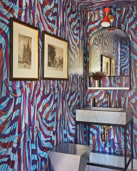 Blue And Purple Wallpaper, Bathroom Gallery, Cole And Son Wallpaper, Hand Painted Wallpaper, Custom Vanity, Gorgeous Bathroom, Powder Rooms, How To Install Wallpaper, Boho Bathroom