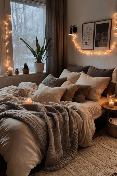 Cozy bedroom with soft bedding and warm lighting for a relaxing retreat. Classy Bedding Sets, Cozy Beauty Room, Beige Walls Bedroom Ideas, Cozy Themed Bedroom, Modern Room Ideas Aesthetic, Cozy Neutral Bedding Ideas, Bed Confort Ideas, Cozy Apartment Bedroom Aesthetic, Ways To Make Your Bed Cozy