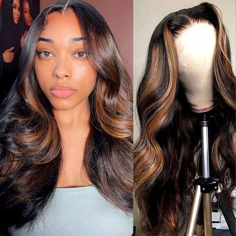 PRICES MAY VARY. 【Highlight Lace Front Wig Human Hair Material】:1B/30 Ombre Wigs Human Hair is Grade 10A Brazilian Virgin Human Hair, body wave lace front wigs human hair pre plucked, invisible, soft, and breathable, It can be dyed, curled, Can Be Made To Any Style You like. 【Ombre Lace Front Wig Human Hair Quality】:Highlight 1B/30 Colored Lace Front Wigs Human Hair For Women.180% Density Light Honey Blonde Glueless Wigs Human Hair Pre Plucked Natural Hairline with Baby Hair Around.Perfect match Middle Part Curls, Black Hair With Blonde Highlights, Lace Wigs Styles, Ombre Lace Front Wig, Best Hair Dye, Ombre Lace Front, Ombre Lace, Glueless Wigs, Protective Hairstyles Braids