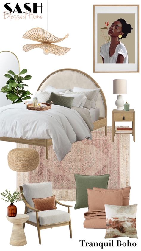 Tranquil Boho Bedroom, Calming Bedroom Design, Calming Bedroom Ideas Inspiration, Bedroom Mood Board Interior Design, Tranquil Apartment, Contemporary Boho Bedroom, Boho Bedroom Mood Board, Airbnb Styling, Tranquil Bedroom Ideas