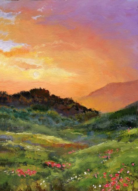 Farmhouse Paintings, Canvas For Beginners, Impressionist Landscape, Sunset Landscape, Arte Sketchbook, Sunset Painting, Mountain Paintings, Pastel Art, Painting Art Projects