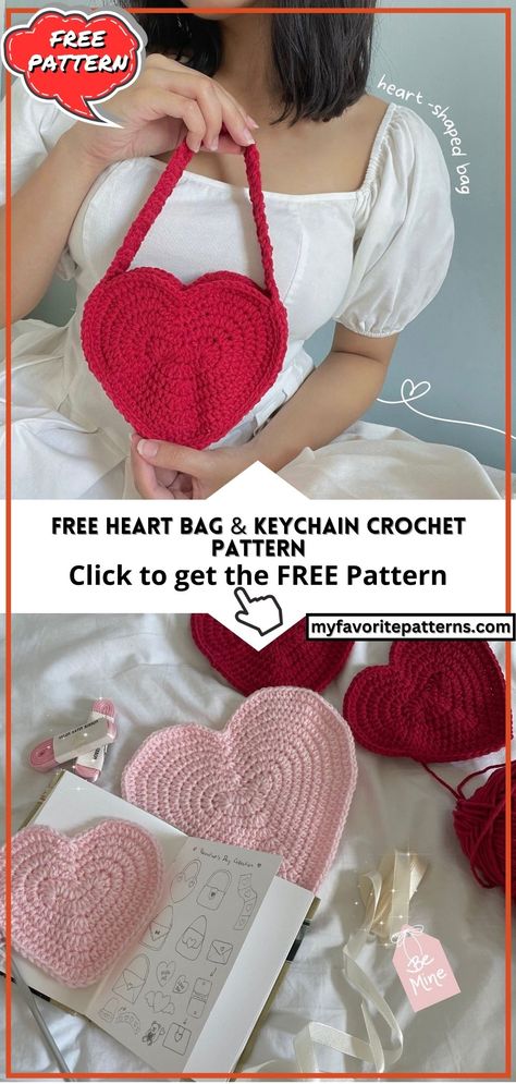 Free Heart Bag & Keychain Crochet Pattern Heart Bag Pattern Crochet, Cute Valentines Day Crochet Ideas, Crochet Heart Accessories, Heart Crochet Bag Pattern Free, Cute Crochet Valentines, Heart Shape Bag Crochet, Easy Valentines Crochet Patterns, Crochet Gifts For Valentines Day, Simple Bag Crochet Free Pattern