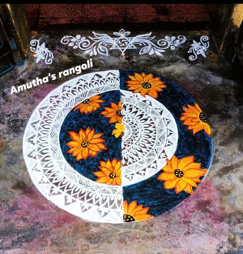 Mandala rangoli Circular Rangoli Designs Diwali, Rangilo Design Easy, Rangilo Design, Mandala Rangoli Designs Diwali, Creative Rangoli Designs For Competition, Flower Rangoli Designs Creativity, Mandala Rangoli Designs, Rangoli Designs With Colors, Big Rangoli Designs Creativity