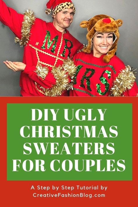 Diy Ugly Xmas Sweater Couples, Ugly Sweater Ideas For Couples, Diy Ugly Christmas Sweater Ideas, Ugly Sweater Couple, Ugly Sweater Tree, Creative Ugly Christmas Sweater, Easy Ugly Christmas Sweater, Matching Ugly Christmas Sweaters, Diy Fashion Ideas