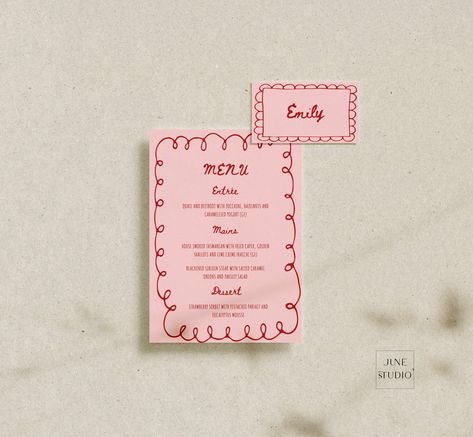 The listing is for Unique Hens Party Menu and Place Card/ Escort Card Set Templates in Valentina Collection. This design features hand-written font and whimsical design works not only for hens party but also for hens wedding, engagement party, birthday, bridal shower or any special event. Hand Written Menu Design, Hand Written Menu Cards, Hens Lunch, Pink Hens Party, Menu And Place Card, Bridal Shower Menu, Hens Party Invitations, Hens Party, Main Menu