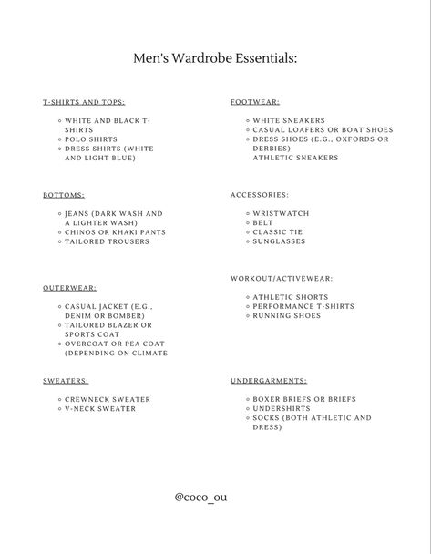 Explore the essential pieces that form the foundation of a versatile and chic wardrobe. From classic staples to modern essentials, this checklist helps you curate a timeless and elegant style. Elevate your fashion game with these key wardrobe elements. #wardrobeessentialsformen #fashioninspirations #styletip Future Wardrobe Men, Men Fashion Essentials, Mens Clothing Essentials, Building A Wardrobe Men, Man Wardrobe Essentials, Must Have Mens Wardrobe, Men Fall Capsule Wardrobe, Men Essentials Wardrobe, Mens Basics Wardrobe