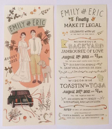 Cute wedding invitation by illustrator Emily McDowell Emily Mcdowell, Light Illustration, Illustrated Wedding Invitations, Lettering Illustration, Wedding Party Invites, Wedding Announcement, Wedding Illustration, Portrait Wedding, Illustration Style