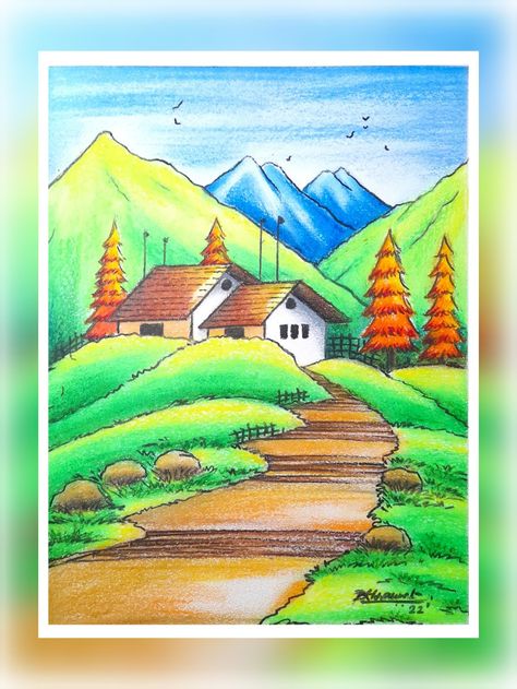 Senary Drawing Watercolor, Scenery Drawing For Kids, Easy Scenery Drawing, Oil Pastel Drawings Easy, Drawing Scenery, Scenery Drawing, Easy Art For Kids, Watercolor Paintings Nature, Drawing Lessons For Kids