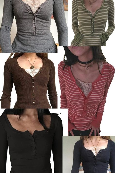 Y2k Shirts Long Sleeve, Long Sleeve Henley Top, Long Sleeve Gray Shirt Outfits, Y2k Longsleeves Outfit, Long Sleeve 2000s Top, Long Sleeve Outfit Ideas For Women, Grunge Tops Aesthetic, Thermal Long Sleeve Outfit, Where To Get Long Sleeve Shirts