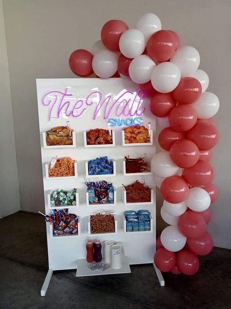 Self Serve Candy Station, Treat Cart For Party, Diy Candy Stand Display Ideas, Snack Wall Ideas, Snack Wall Party, Snack Bar Business Ideas, Diy Candy Wall Dispenser, Party Vendor Ideas, Snack Stand Ideas