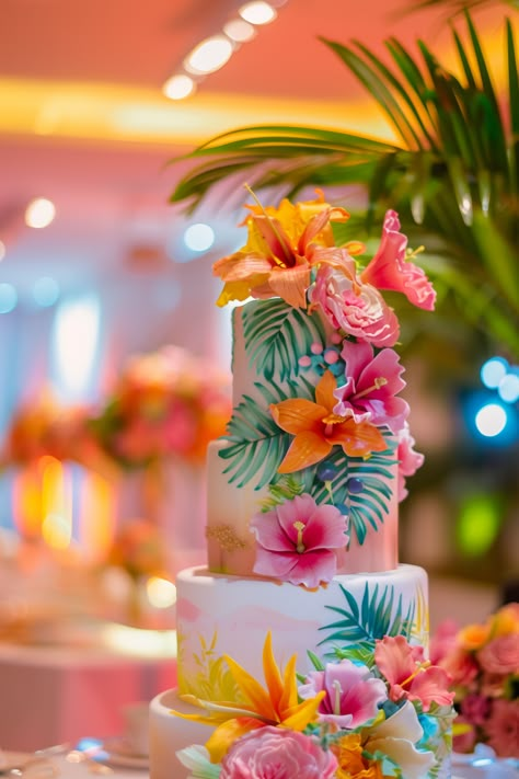 28 Tropical Wedding Cakes That'll Bring Sunshine to Any Wedding Hawaii Quinceanera Theme, Tropical Quinceanera Theme, Sweet 16 Hawaiian Theme, Wedding Cake With Tropical Flowers, Tropical Wedding Cake Ideas, Tropical Cake Ideas, Luau Cake Ideas, Tropical Party Cake, Hawaiian Wedding Theme