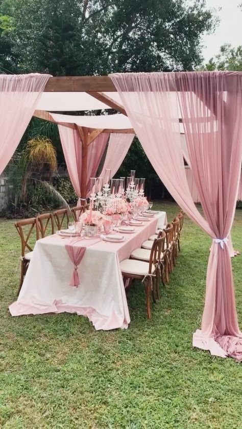 Backyard Party Birthday, Simple Party Decorations Outdoor, Tent Birthday Party Outdoor Pink, Backyard Brunch Set Up, Simple Outdoor Bridal Shower Ideas, Pink Outdoor Wedding Decor, Pink Outdoor Birthday Party, Bridal Shower Backyard Decorations, Intimate Bridal Shower Ideas Simple