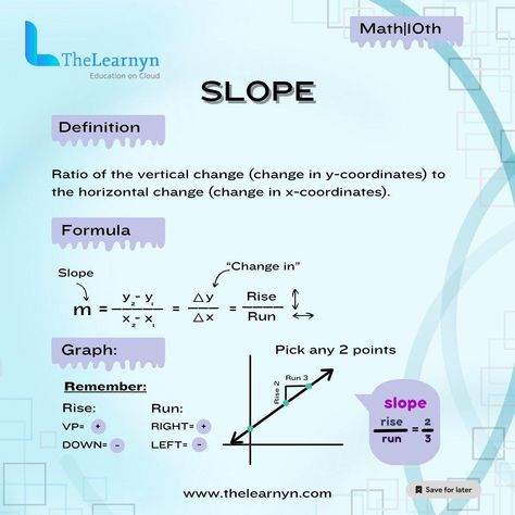 Exploring the World of Slopes: Definition, Formulas, and Types 📈 Dive into the captivating realm of mathematics and discover the wonders of slopes! The slope of a line serves as a guiding light, revealing insights into its steepness and direction of movement. By using the simple yet powerful formula: Slope (m) = (change in y) / (change in x), we unveil the mysteries of incline and descent, unraveling the essence of mathematical relationships. Within the realm of slopes, three distinct t... Slope Of A Line, Slope Intercept Form, Guiding Light, Exploring The World, Education Math, Change In, Diving, Essence, Wonder