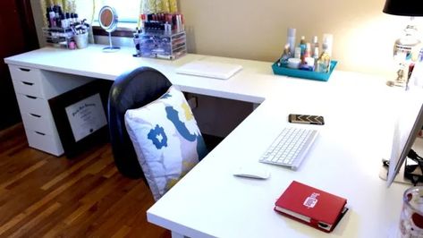 Part one of my guest bedroom to office makeover. I created an l-shaped corner desk with the IKEA Linnmon desks. I love my new vanity and workspace. L Shaped Desk Room Layout, Ikea Desk Hack L Shape, Ikea L Shaped Desk Hack, L Shape Desk Diy, Ikea Filing Cabinet, Ikea L Shaped Desk, Desk/vanity Ideas, Bedroom To Office, Ikea Linnmon Desk