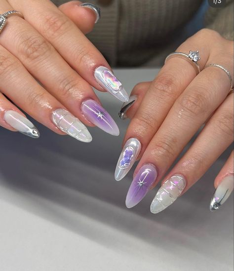 nails inspo, nails design, pastel nails, purple nails, almond nails, nails art, nails idea, ombre nails, cute nails, inspo, bedazzled nails, asian nails, gel nails, acrylic nails, french tip nails, nails idea, purple nails Unique Purple Nails, Lilac Nail Ideas, Cute Nail Acrylic, Nail Design Fall, Nail Design Gold, Lilac Nails Design, Nail Elegant, Purple And Silver Nails, Nail Cute