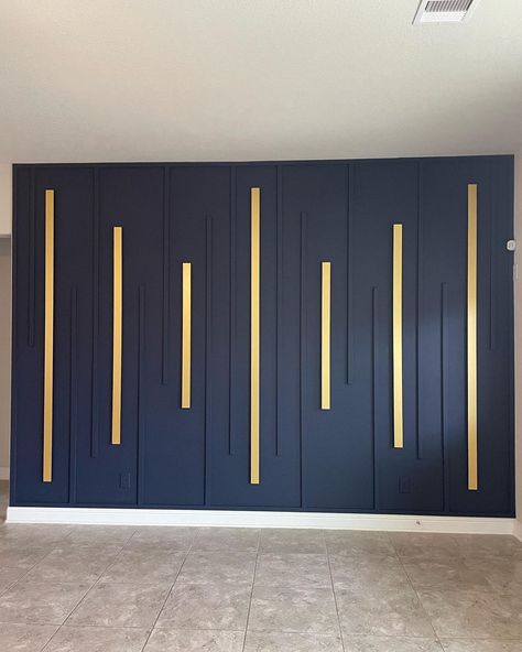 Livings Room Wall color Noval #accentwall #accentwalls #livingroomdecor #livingroomideas #noval #novalcolor #gold #blueandgold… | Instagram Accent Wall With Gold Trim, Tile Feature Wall Living Room, Blue Salon Decor Interiors, Accent Wall Black And Gold, Long Accent Wall Living Rooms, Blue And Gold Accent Wall, Art Deco Feature Wall, Art Deco Accent Wall, Accent Wall With Wood Design