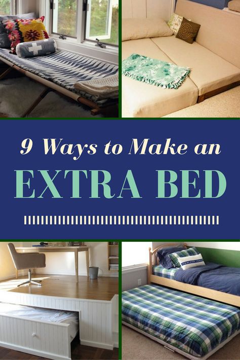 It’s much easier and more fun to host overnight guests when you have an extra bed for them to sleep in. These 9 DIY guest beds will make friends and family comfortable when they visit and sleep overnight. Extra Beds For Guests, Hide A Way Bed, Sleeping Ideas For Small Spaces, Guest Beds Solutions, Creative Guest Bed Ideas, Family Sleeping Room, Guest Bed Alternatives, Temporary Guest Bed, Portable Guest Bed Ideas