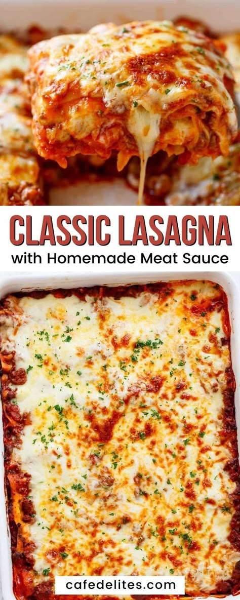 Classic Lasagna with Homemade Meat Sauce is the ultimate comfort food! This lasagna is layered with pasta, meat sauce, white sauce, and mozzarella cheese which results in a golden, crunchy, and cheesy top with a layer of juicy meat sauce underneath. The most important part of this whole recipe is the meat sauce. Made with a mix of ground beef and pork, it’s rich in flavor and texture. Lasagna With Meat Sauce And Ricotta, Red Sauce Lasagna Recipe, Lasagna With Homemade Sauce, Ground Pork Lasagna Recipe, Lasagna Recipe With Ground Beef, Lasagne Sauce Recipe, Lasagna Sauce Recipe From Scratch, Lasagna Recipe With Ricotta And Ground Beef, Lasagna Meat Sauce Recipe