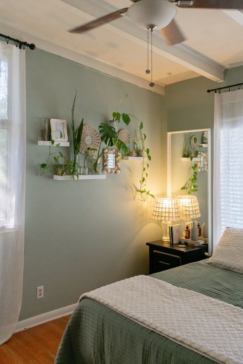 Sage Green Bedroom and Bedding - White accents - Plant Wall - Capiz Shell Lamp - White Ceiling - Wood Flooring Green Room Ideas Bedroom, Light Green Bedrooms, Green And White Bedroom, Sage Bedroom, Green Bedroom Walls, Green Room Decor, Green Accent Walls, Sage Green Bedroom, Bedroom Wall Colors