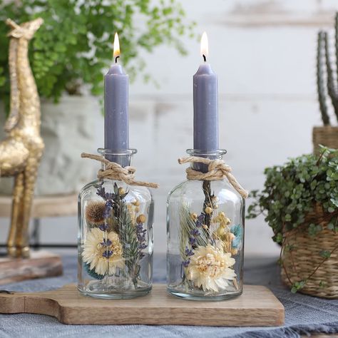 Plant In Glass, Dried Flowers Diy, Deco Champetre, Purple Candles, Deco Nature, Glass Candlestick Holders, Deco Floral, Glass Candlesticks, Candle Holder Set