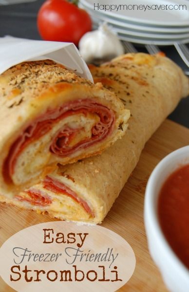 Ham and Cheese Stromboli Recipe. It makes my mouth water just thinking about it! | Happymoneysaver.com Freezing Homemade Stromboli, Make Ahead Stromboli Freezer Cooking, Make Ahead Stromboli, Easy Single Serve Freezer Meals, Make Ahead Calzones, Freezer Wraps Lunch, Freezable Sauces, Freezer Dough Recipes, Stromboli Recipe With Pizza Dough