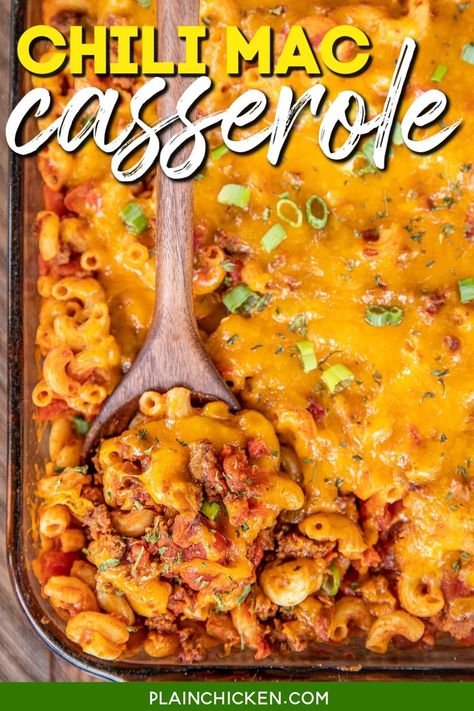 Cheesy Chili Mac Casserole – comfort food at its best! Quick homemade chili tossed with macaroni and smothered in cheese. O-M-YUM! INGREDIENTS: macaroni, ground beef, chili seasoning, diced tomatoes, Rotel, tomato paste, chili beans, and cheese. Top the casserole with your favorite chili toppings. We ate this for dinner and had the leftovers for lunch during the week. This makes a lot of food. It is great for a crowd! 😍 Chili Mac Casserole Recipes, Chilli Cheese Casserole, Leftover Chili Beans Ideas, Chili Macaroni And Cheese, Chili Mac And Cheese Casserole, Chilli Casserole Recipes, Hamburger Rotel Casserole, Rotel Hamburger Casserole, Rotel Casserole Ground Beef