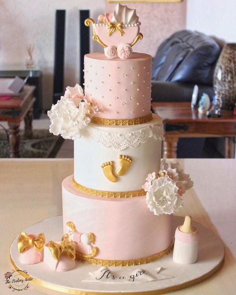 Baby Shower Cakes Girl Pink And Gold, Pink White And Gold Baby Shower Ideas, Pink And Gold Baby Shower Cake, Rose Gold Baby Shower Cake, Pink And Gold Baby Shower Ideas, Girl Baby Shower Cake Ideas, Baby Shower Cakes Girl Pink, Baby Girl Baby Shower Cake, Its A Girl Cake