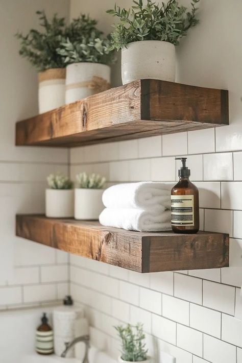 "Add a modern touch to your home with DIY Floating Shelves! 🛠️🪵 Perfect for creating stylish storage solutions in any room. 🌿✨ #DIYDecor #ShelvingIdeas #WoodShelves" Thick Wooden Shelves, Wood Shelves In Bathroom, Corner Bathroom Shelves, Bathtub Shelves, Open Shelving Bathroom, Floating Shelf Bathroom, Diy Bathroom Shelves, Alcove Shelving, Shelves For Bathroom