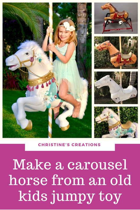 How to up-cycle a kids radio flyer jumpy toy horse to make a beautiful carousel horse Plastic Rocking Horse Makeover, Plastic Horse Makeover, Christmas Carousel Horse, Bouncy Horse Makeover, Carousel Horse Decor, Diy Carousel Horse Prop, Diy Carousel Horse, Diy Carousel, Carousel Birthday Parties