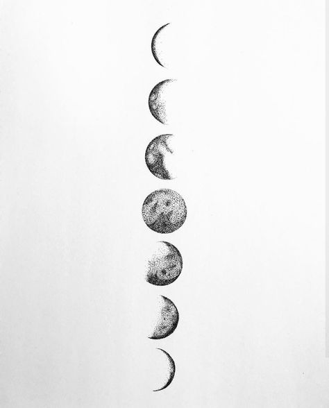 Moon Tattoo Spine, Luna Tattoo Design, Moon Phases Tattoo Spine, Moon Dotwork, Phases Of The Moon Tattoo, Moon Cycle Tattoo, Moon Phases Tattoo, Planet Tattoos, Moon Tattoo Designs