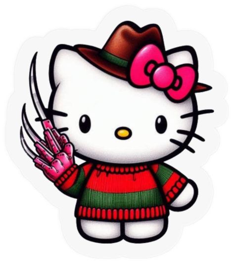 Hello Kitty Freddy Krueger Stickers sold by Teal Celtic | SKU 261033989 | 50% OFF Printerval Hello Kitty As Different Characters, Hello Kitty Freddy Krueger, Hello Kitty Jason, Freddy Krueger Hello Kitty, Hello Kitty Care Bear, Scenecore Stickers, Freddy Krueger Painting, Freddy Krueger Cartoon, Bouquet Toppers