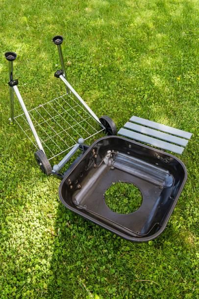 How to Upcycle an Old Charcoal Grill Into an Outdoor Bar Cart | HGTV Old Grill Repurpose, Patio Bar Cart, Patio Images, Small Grill, Grill Table, Scrub Sponge, Backyard Furniture, Drink Containers, Clean Grill