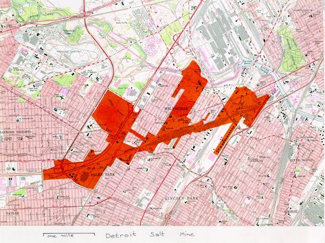 Detroit Salt Mine Map, showing the extent of underground mining (in red) underneath the city. Infinite Architecture, Mine Map, Underground Mining, Lake Boats, Salt City, Underground City, Salt Mine, Detroit History, Michigan History