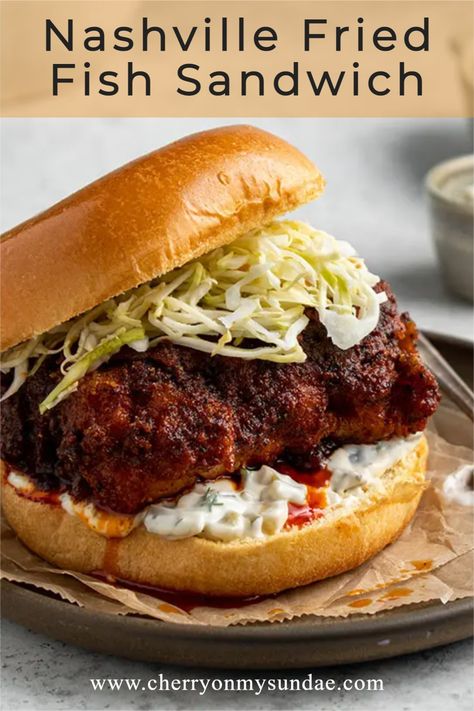 There's nothing more satisfying than a freshly made Nashville fried fish sandwich made complete with tartar sauce and vinegary cabbage. #fishsandwich #sandwichrecipe #friedfish #nashville #spicyfoods Fried Halibut Sandwich, Fried Flounder Sandwich, Gourmet Fish Sandwich, Grilled Fish Sandwich Recipes, Crispy Fish Sandwich, Fried Fish Sandwich Recipes, Cod Sandwich Recipes, Big Sandwiches, Fried Fish Sandwich