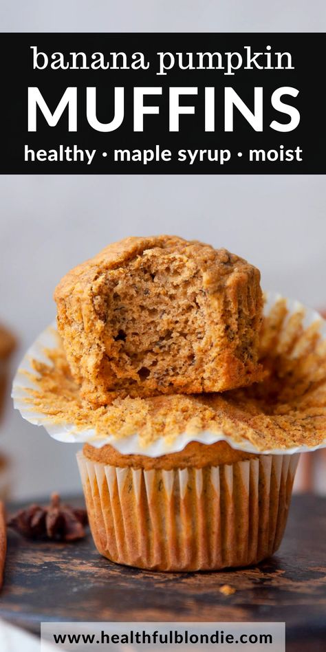 fluffy and moist banana pumpkin muffins Pumpkin Banana Yogurt Muffins, Healthy Moist Pumpkin Muffins, Super Hero Muffin, Pumpkin Spice Banana Muffins, Banana Pumpkin Oat Muffins, Health Breakfast Muffins, Healthy Fall Breakfast Muffins, Pumpkin Baby Muffins, Pumpkin Banana Zucchini Muffins