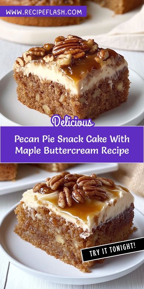 Whip up this delectable Pecan Pie Snack Cake with Maple Buttercream for your next dessert fix! This quick and easy recipe combines the flavors of pecan pie into a moist, flavorful cake. Ideal for parties or family gatherings, this delightful dessert is sure to impress all your guests! Maple Cake Recipe, Maple Cake, Maple Buttercream, Autumn Dessert, Pecan Cake, Crunchy Pecans, Buttercream Recipe, Pie Cake, Snack Cake