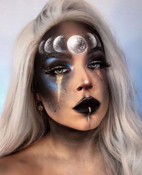 Nyx Goddess Makeup Looks, Celestial Goddess Makeup, Creative Fantasy Makeup, Eclipse Makeup Ideas, Moon Goddess Makeup Halloween, Night Sky Makeup Look, Cosmic Witch Makeup, Full Moon Makeup, Winter Solstice Makeup