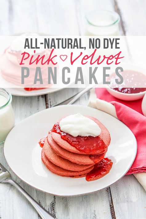 Celebrate Valentine’s Day with all things pink by making these fun, colorful recipe for Easy Pink Velvet Pancakes topped with strawberry name and fluffy, vanilla whipped cream. They’re all-natural and dye-free! Perfect for a family Valentine's Day Breakfast idea. @goodlifeeats www.goodlifeeats.com Pink Ribbon Breakfast Ideas, Pink Breakfast Food, Pink Ribbon Breakfast, Red Pancakes, Brekkie Ideas, Beet Pancakes, Beet Puree, Pink Pancakes, Pink Brunch