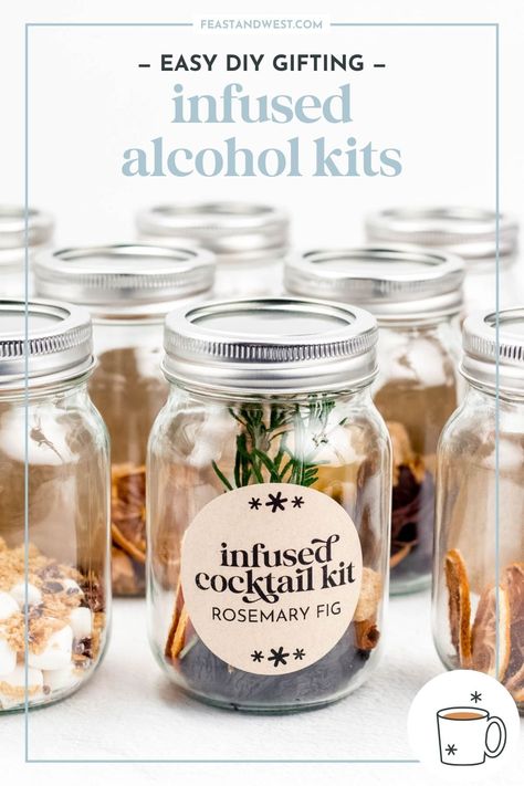 Christmas Infused Alcohol, Infused Alcohol Christmas Gifts, Mason Jar Drinks Alcohol Gifts, Fall Drink Mixes In A Jar, Homemade Drink Gifts, How To Infuse Whiskey, Diy Drink Kits Gift Ideas, Craft Cocktail Kits Diy, Cocktail Kit Wedding Favor