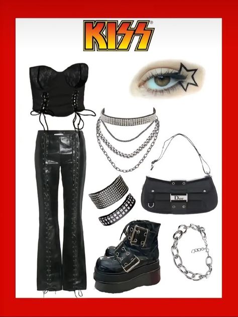 90s Rock Outfit, Rock Band Outfits, Metal Concert Outfit, Rockstar Aesthetic Outfits, Glam Rock Outfits, Rockstar Girlfriend Aesthetic, 80s Rock Fashion, Ropa Punk Rock, 80’s Outfits