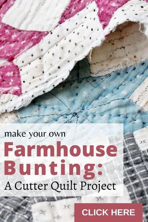 Make your own charming farmhouse style banner with an old tattered cutter quilt. Add warmth and cheer to your home or antique booth! #vintage #antique #quilt #DIY #bunting #banner #farmhousestyle Vintage Quilt Scrap Projects, What To Make Out Of Old Quilts, Old Quilt Projects, Things Made From Old Quilts, Upcycle Old Quilts, Quilt Pieces Repurposed, Repurpose Old Quilts Upcycling Ideas, Things To Make From Old Quilts, Things To Make Out Of Old Quilts