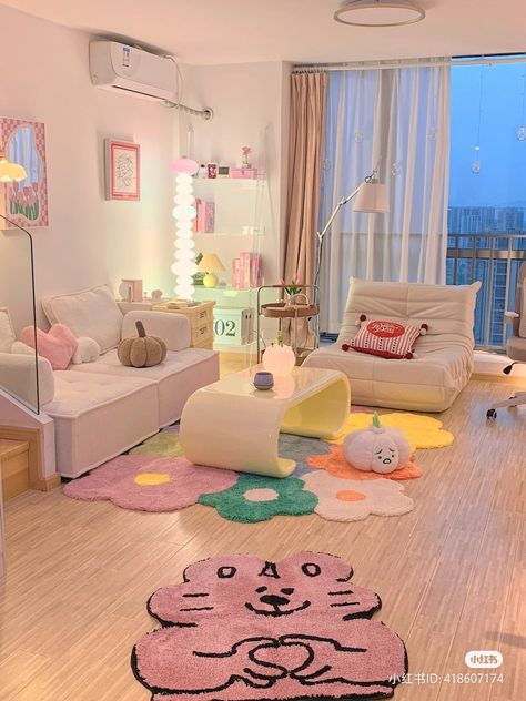 Danish Pastel Loft Bed, Kawaii Loft Bedroom, Cutesy Apartment Aesthetic, Kawaii Room Loft Bed, Loft Apartment Kawaii, Time For Bed, Gold Bedroom Decor, Cute Living Room, Pastel Room