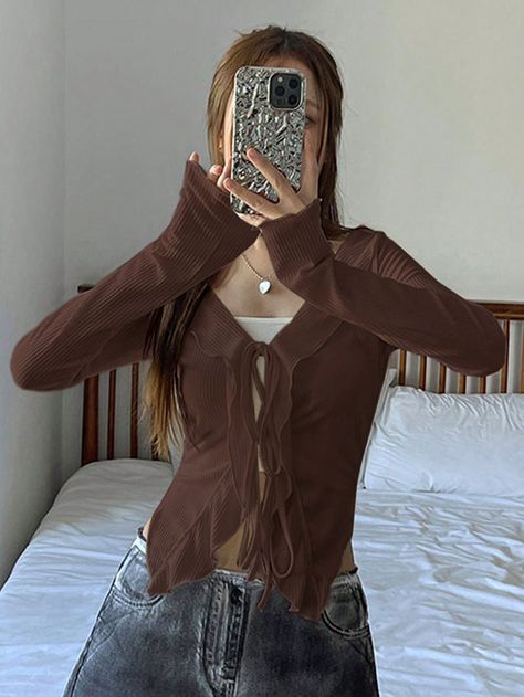 Ladies' Solid Color Ruffle Hem Tie Front T-Shirt Brown Casual  Long Sleeve Fabric Plain  Slight Stretch  Women Clothing, size features are:Bust: ,Length: ,Sleeve Length: Long Top Outfit, Elegant Dresses Long, Tie Top, Cute Shirts, Ruffle Hem, Long Tops, Beautiful Outfits, All Fashion, Women Clothing